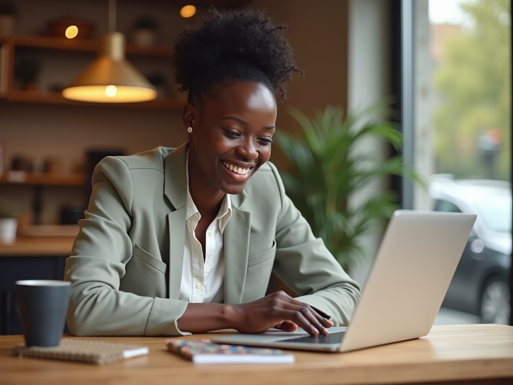 Mmiliki wa biashara anatabasamu akiangalia kwenye laptop yake ujumbe anaoupokea kupitia tovuti yake.